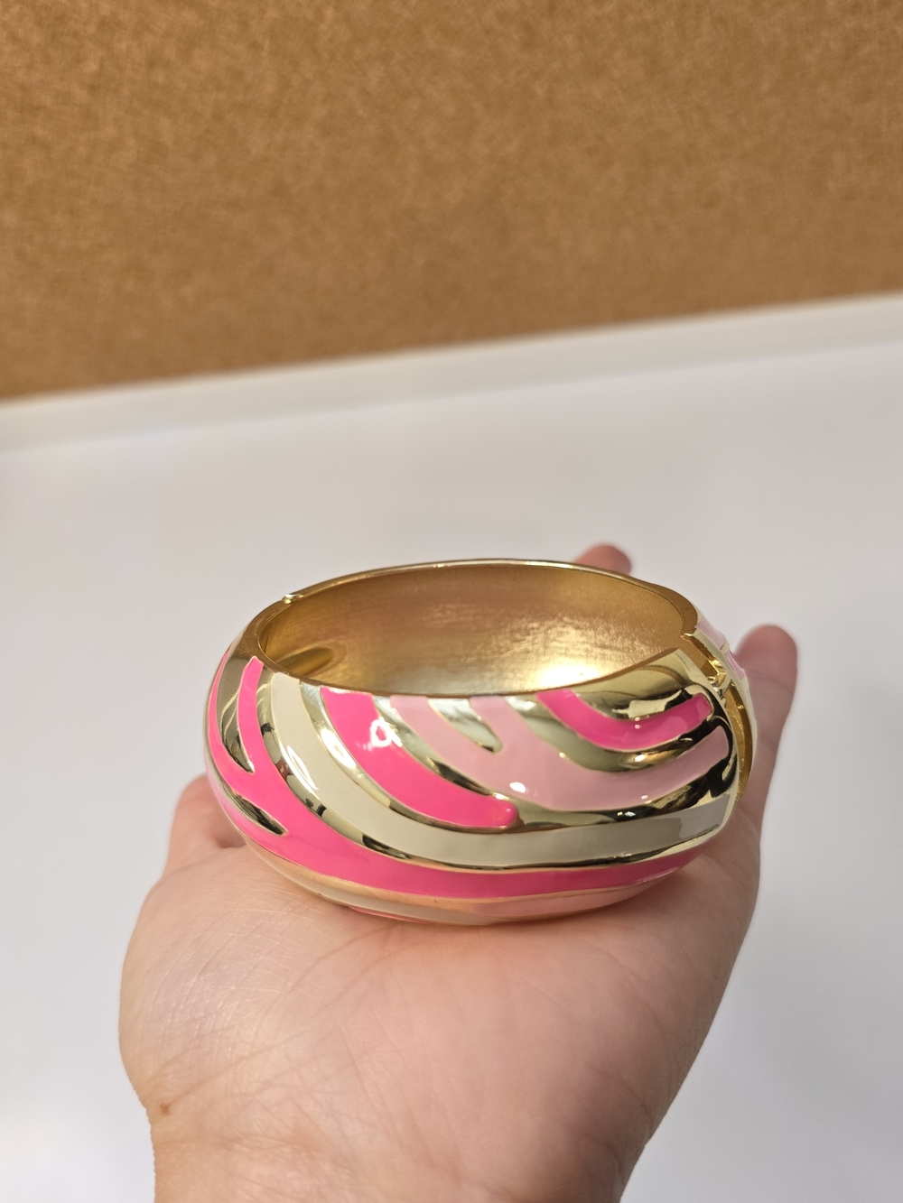 Pink & Gold Abstract Hinged Bangle - Picture 3 of 10